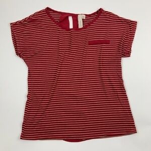 Robin K Blouse Womens Medium Round Neck Cap Sleeves Cut Out Back Red Tan Stripes